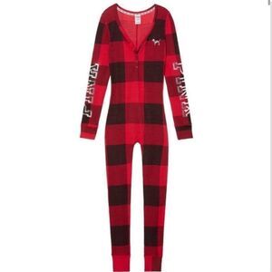 VS PINK Thermal Onesie Loungewear Buffalo Plaid Sequin Red Black Size Medium
